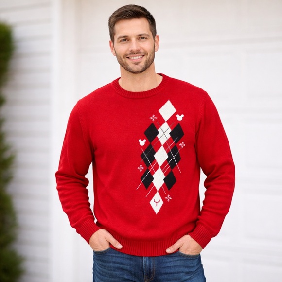 Vintage 90s Mickey Mouse Disney Argyle Pullover Sweater Oversized Red - XL - Picture 3 of 13